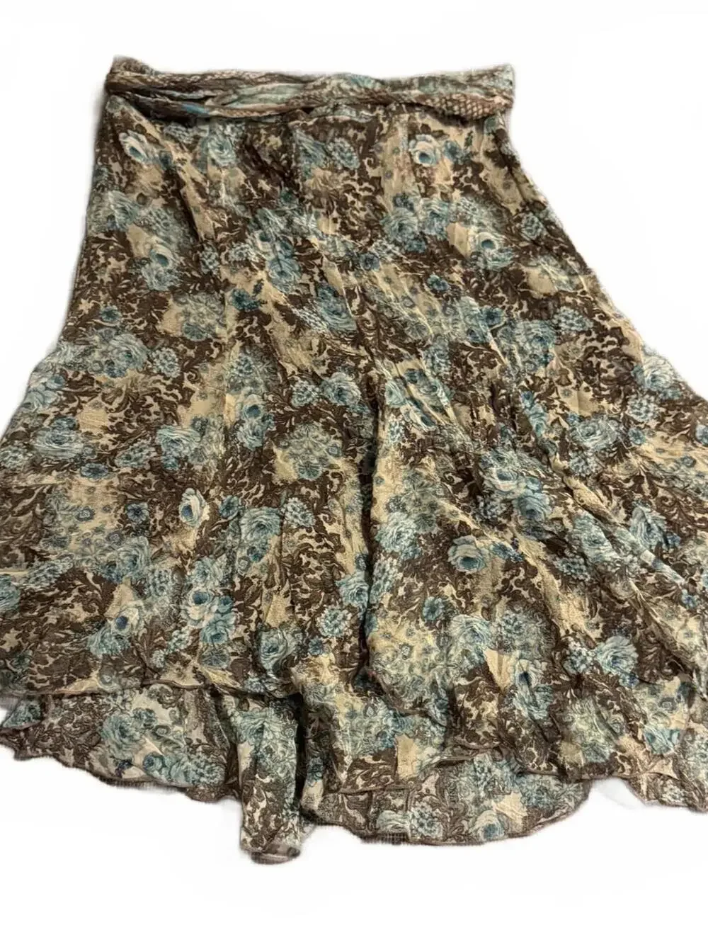 Karen Kane Blue Brown Floral Ruffle Skirt Size 4 Boho Y2K Midi